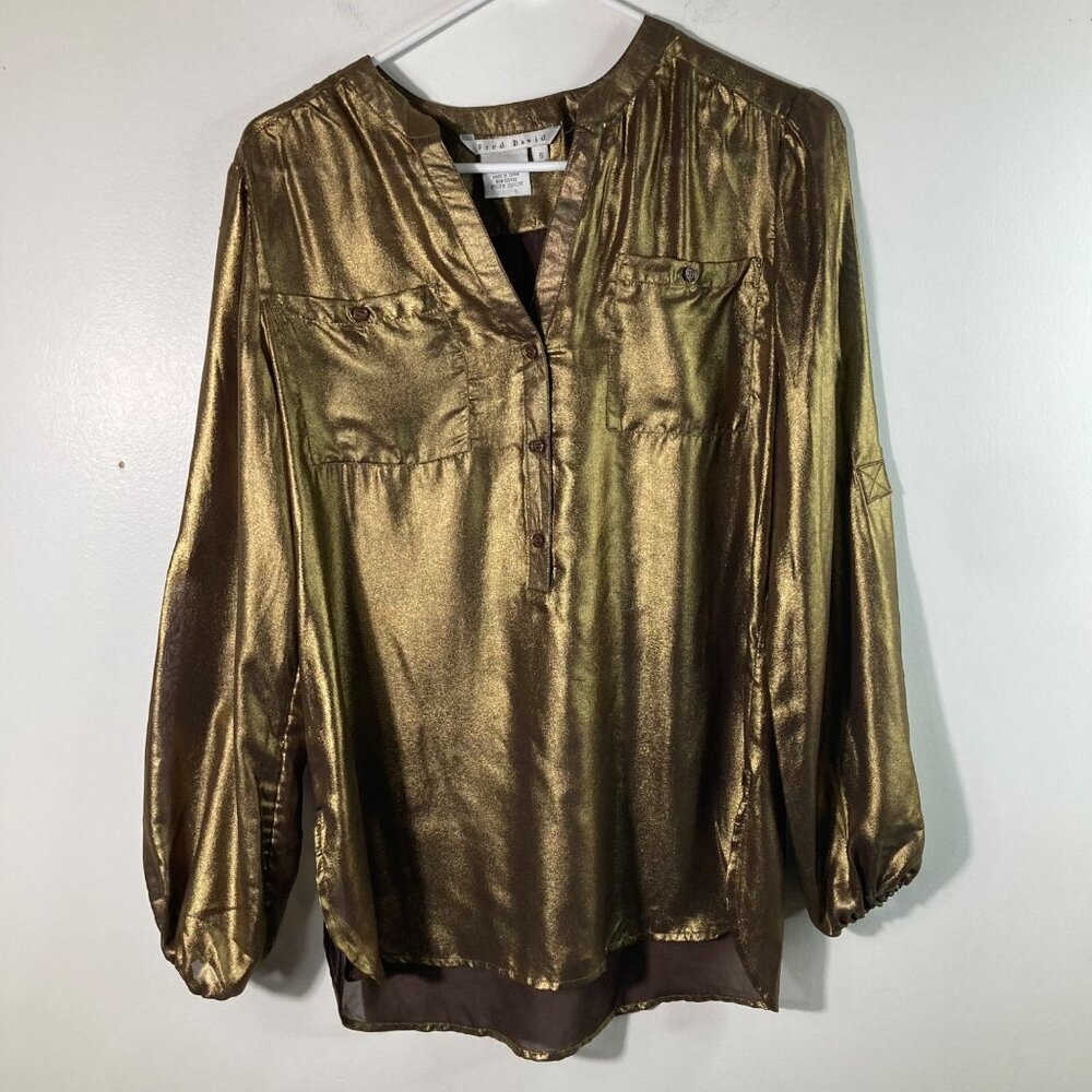 Womens Fred David Gold Metallic 1/2 Button Pullover Shirt S Polyester